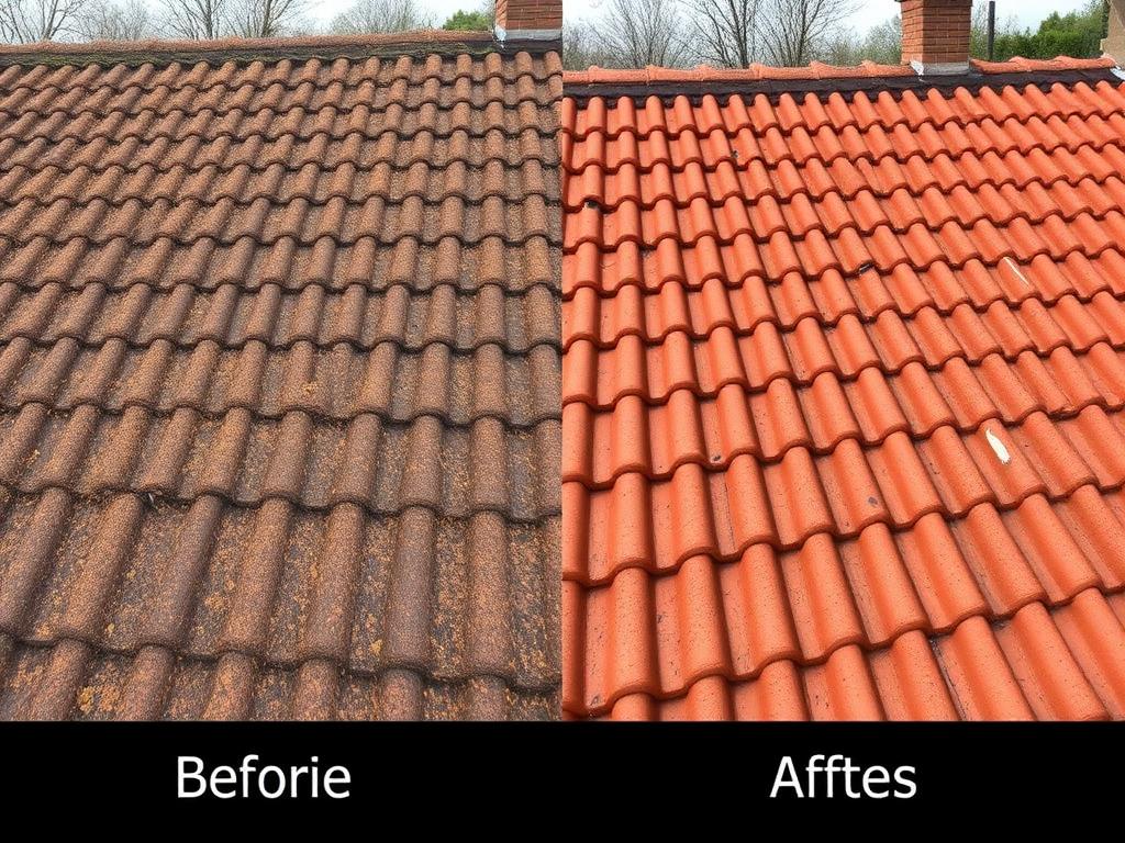 Real roof cleaning job in the Whitsundays — dramatic before and after on terracotta tiles